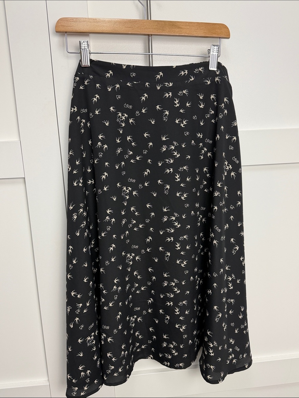 Black bird Print A-Line Midi Skirt